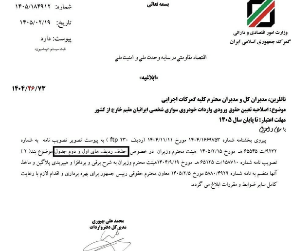 ابلاغ اصلاحیه حقوق ورودی ترخیص خودرو برقی ایرانیان خارج از کشور