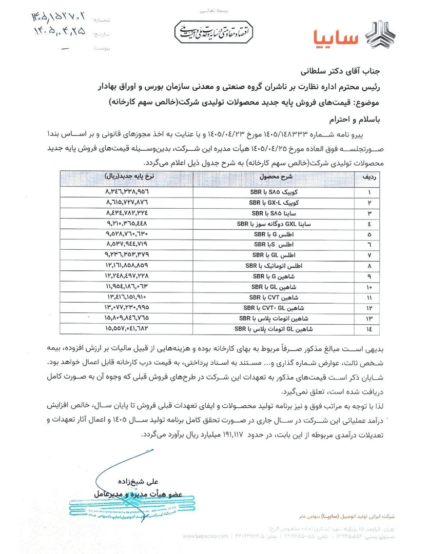 افزایش قیمت در محصولات سایپا