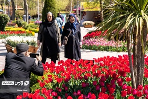 علاقمندان به گل و گیاه  در باغ گل لاله چمران مشغول گرفتن عکس یادگاری هستند.